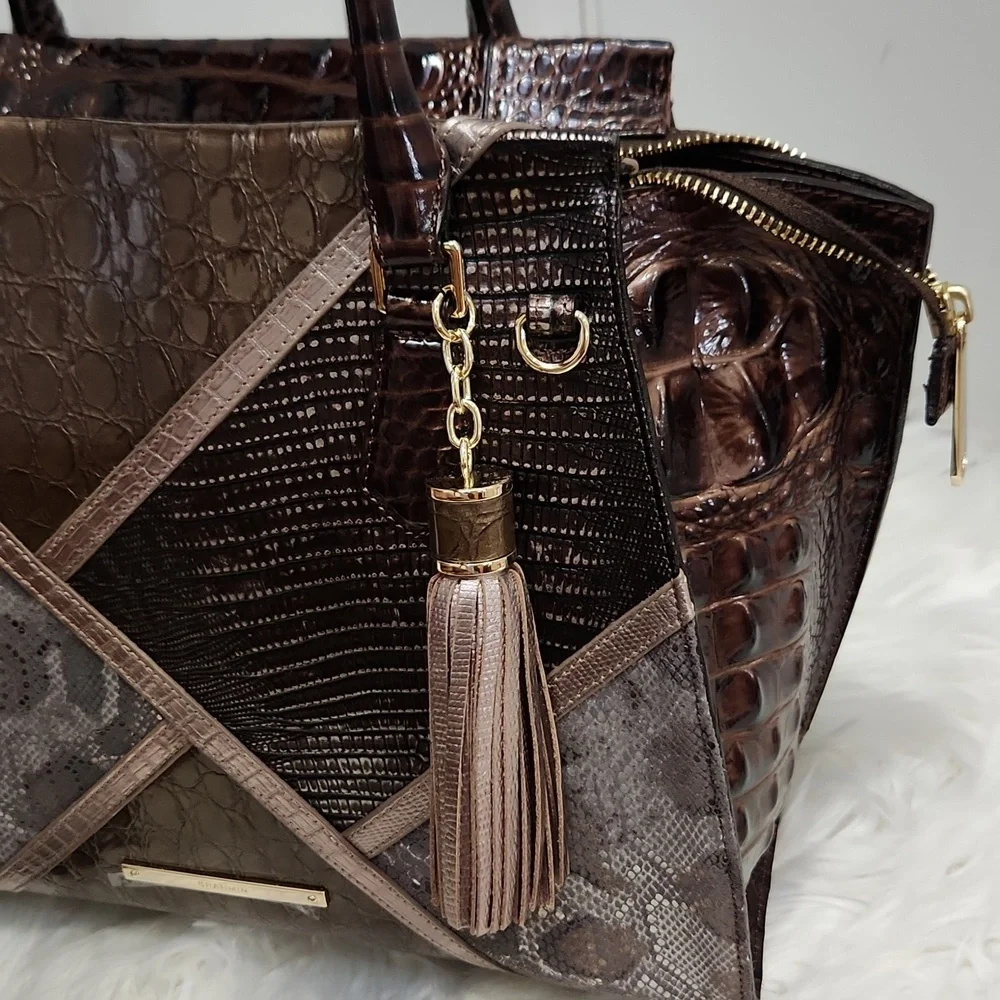 🖤▪️BRAHMIN▪️ TAUPE Tempera PRISCILLA Croc Satchel  Python Patchwork + Wallet